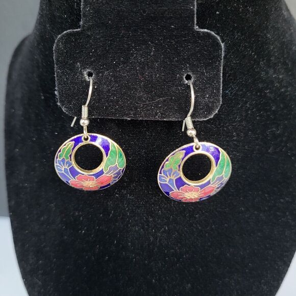 vintage cloisonne earrings on sterling silver hooks 1.5 in - Picture 3 of 4
